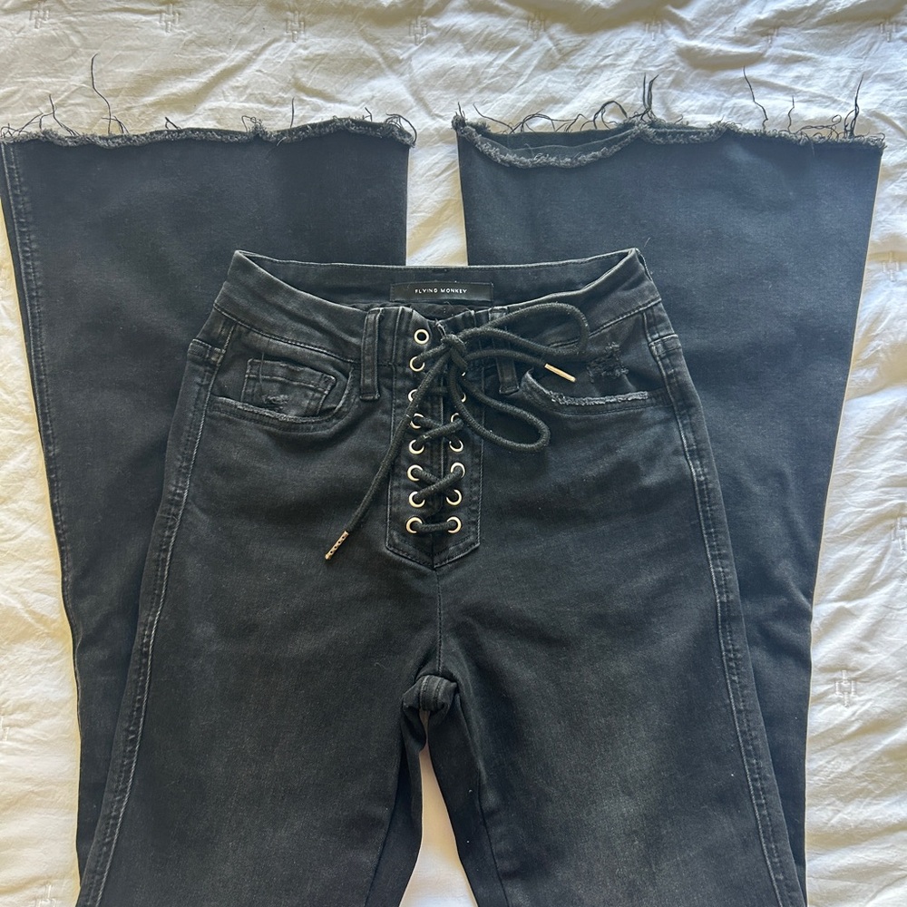 Flying Monkey Black Lace-Up Flare Jeans